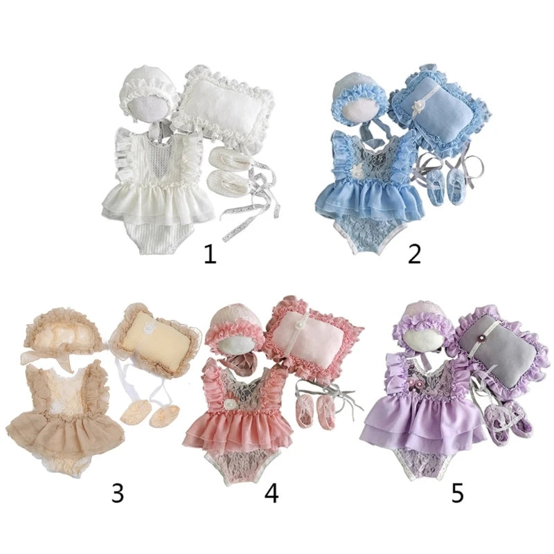 5Pcs Baby Lace Dress+Hat+Pillow+Shorts+Shoes Set Props