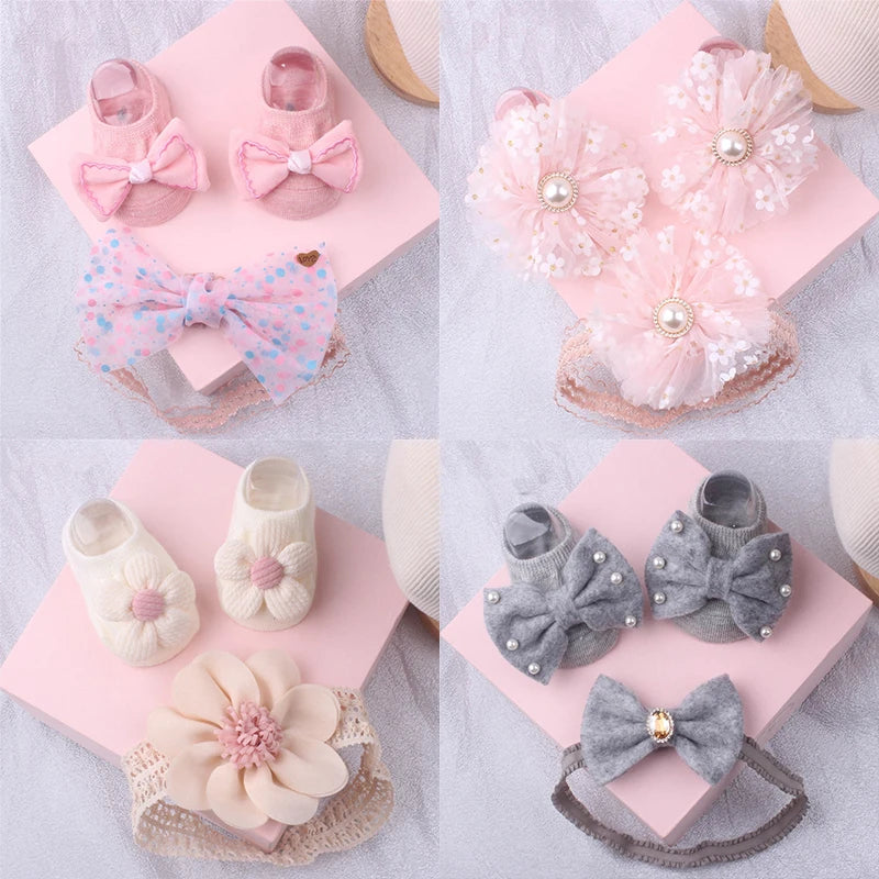 1 Set Xmas Gift Cute Flowers Baby Girls Headband Socks Cartoon Animal Bow Newborn Girls Hair Band Kids Headwear Hair Accessories