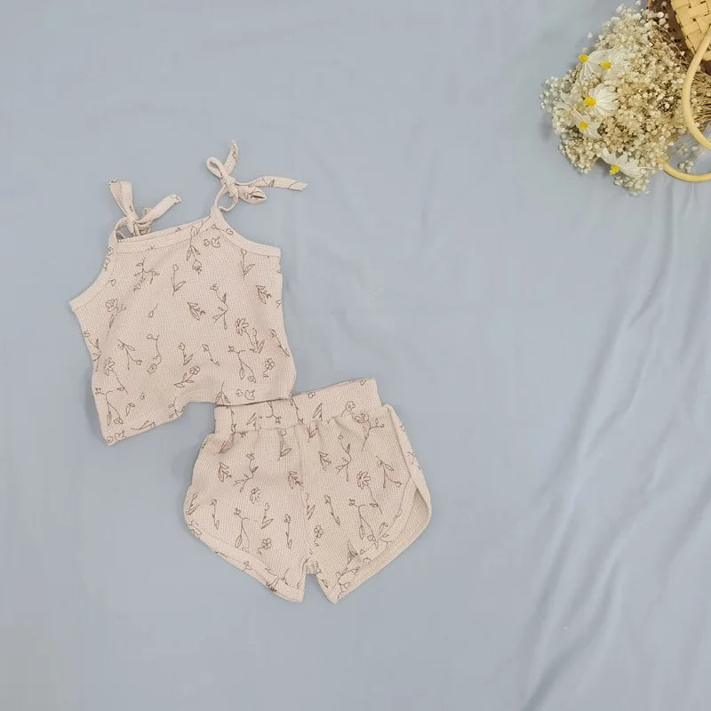 Summer Comfortable Waffle Cotton Baby Girl Vest + Pants 2pcs Set