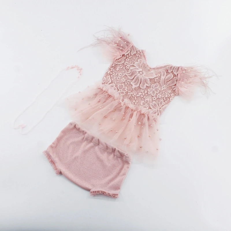 3Pcs Newborn Baby Feather Lace Skirt Short Pant Headbands