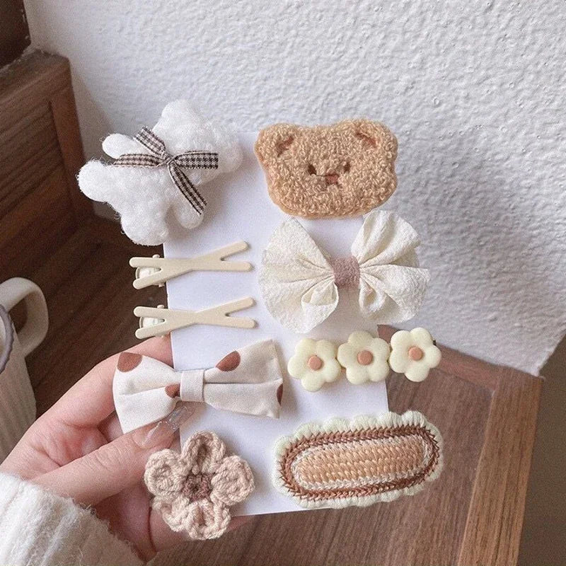 9Pcs/Set Children Hairpin Cute Bear Cartoon Baby Girls Hair Clips Bowknot Knitted Flower Kids Barretees Baby Hair Accessories