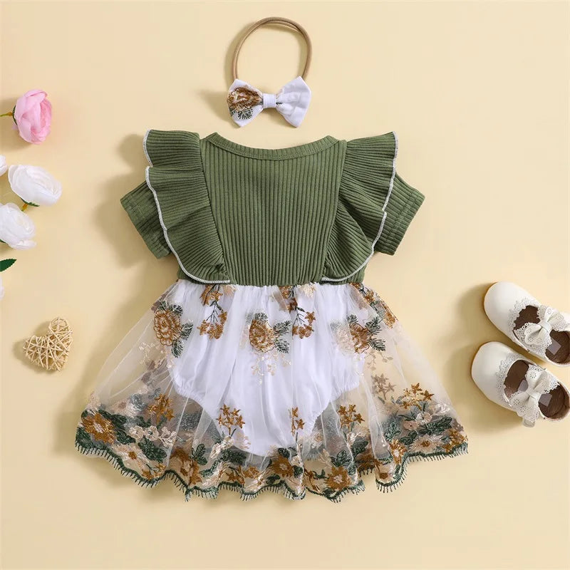 0-2Y Knit Rib Ruffles Crew Neck Dress with Bow Headband