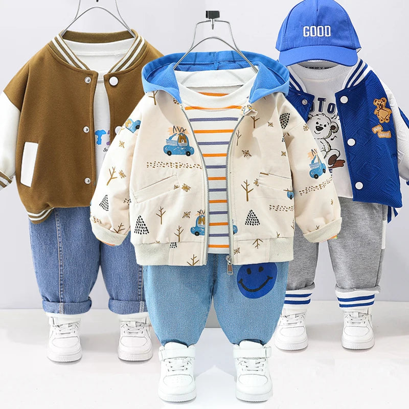 0-4 years Cute car baby suit striped three-piece sports suit