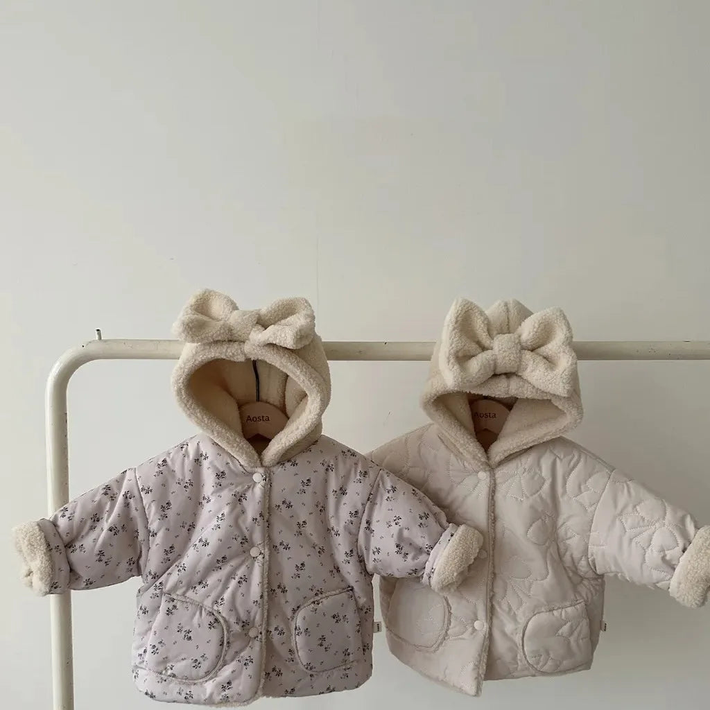 2023 Korea Winter Infant Baby Thickened Insulation Cotton Coat Newborn Girls Bow Hooded Outerwear Toddler Girls Jacket