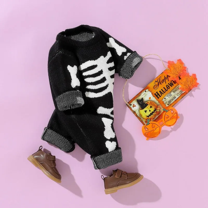Autumn Halloween Skeleton Jacquard Baby Romper 0-18 months Toddler Boys and Girls Skeleton Sweater Jumpsuit Warm and Comfy
