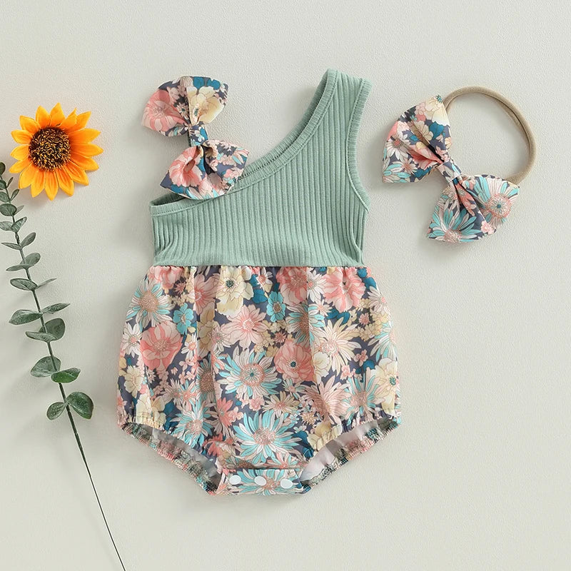 Newborn Baby Girl Summer Floral One Shoulder Bodysuit With Headband
