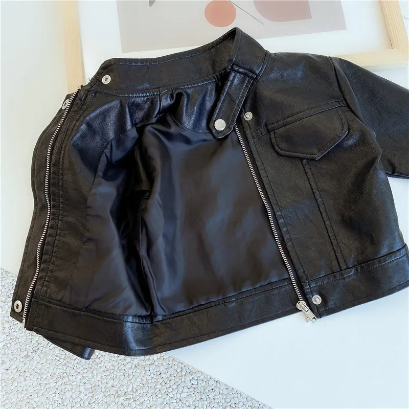 2023 Baby Spring Clothing Leather Jacket Boys & Girls Plus Fleece Warm Casual Motorcycle Leather Jacket for Children Fashionable