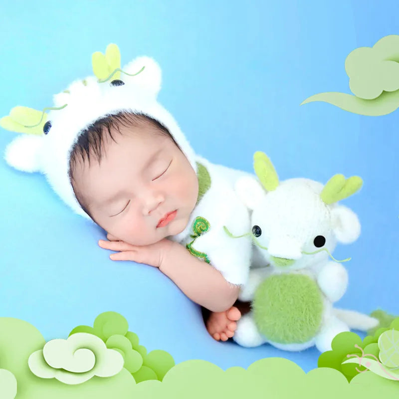 Newborn White Dragon Hat+Jumpsuit+Doll Sets Baby Photo Props