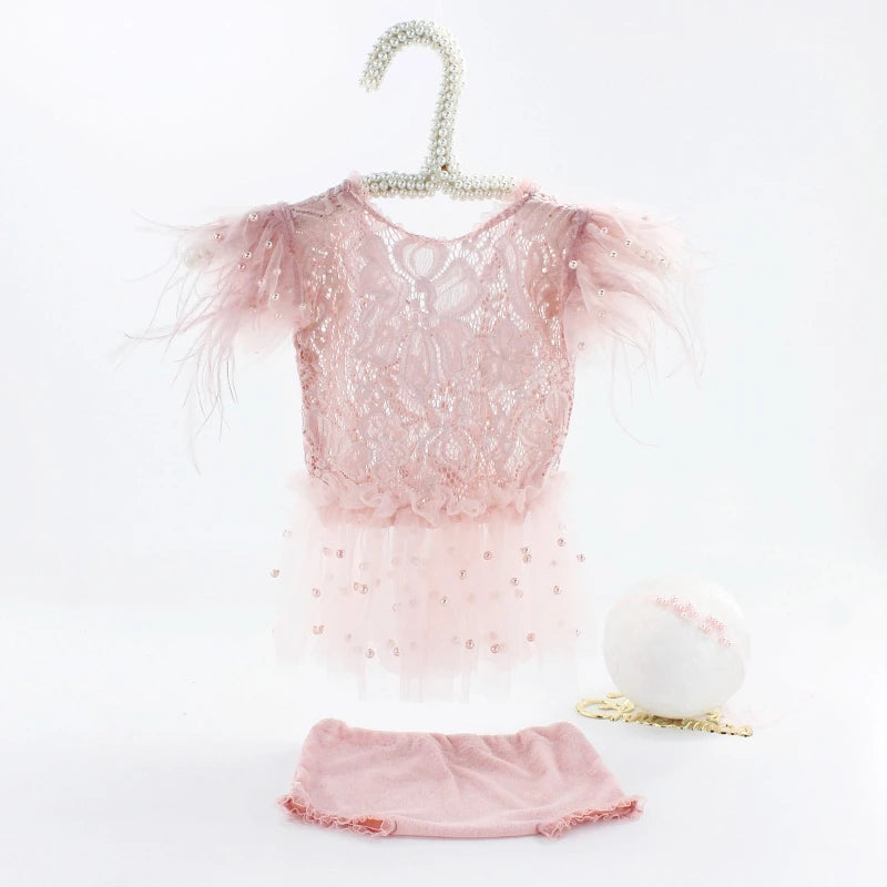 3Pcs Newborn Baby Feather Lace Skirt Short Pant Headbands