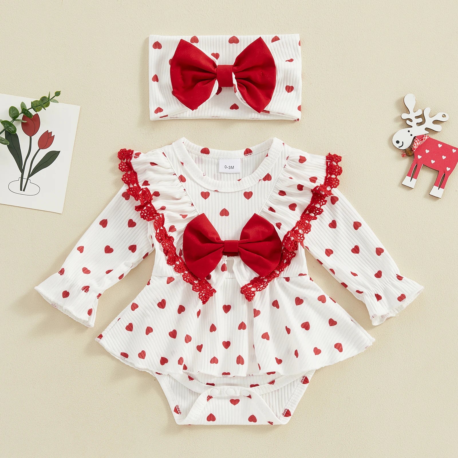 2pcs Toddler Baby Girls Valentine Day Romper 0-18M Bodysuits with Headband