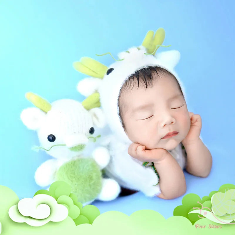 Newborn White Dragon Hat+Jumpsuit+Doll Sets Baby Photo Props