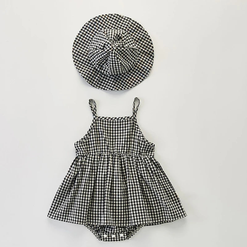 Newborn Baby Girls Jumpsuit+Hat Sleeveless Cotton Plaid Dress