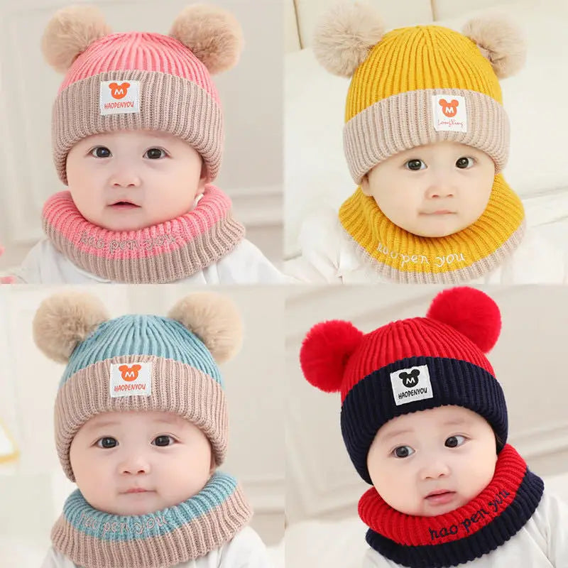 1Set Baby Hat Scarf Set Knitted Winter Hat Infant Toddler 1-5Y