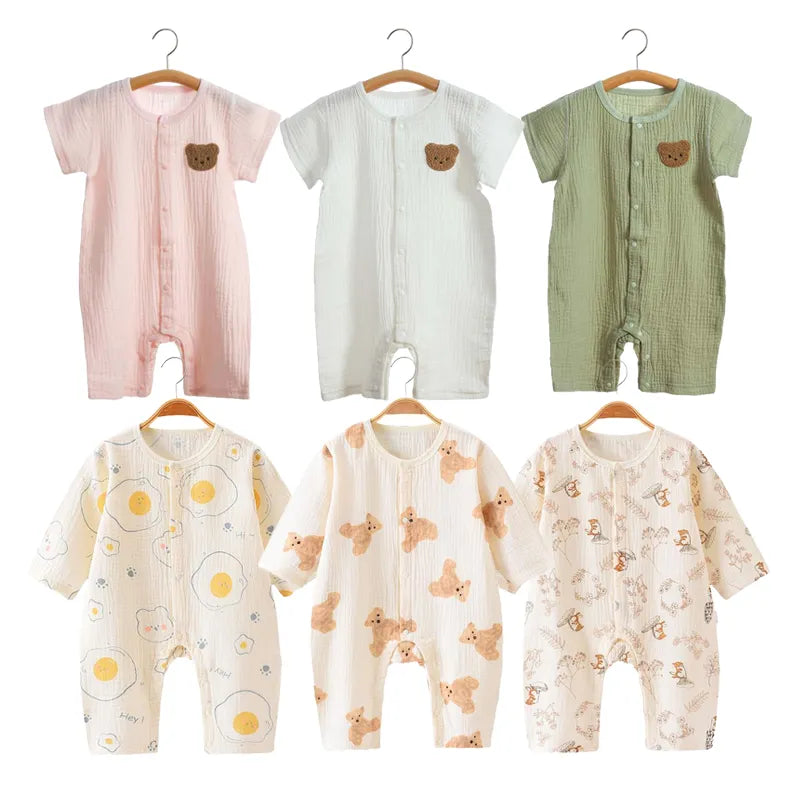 2023 Korean Baby Romper Muslin Short Sleeves Jumpsuit for Girls Boys Cute Bear One-Pieces Clothing Newborn Summer Thin Bodysuits