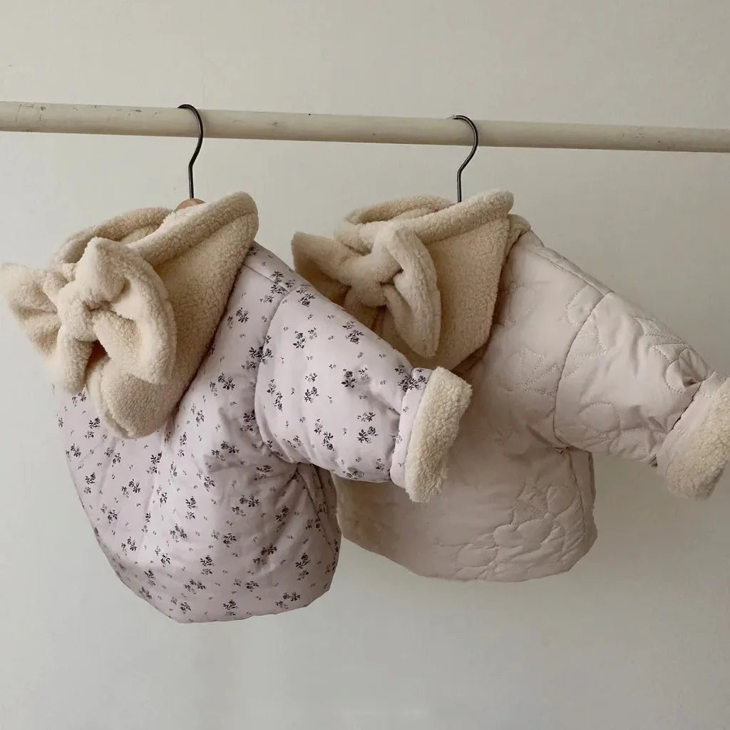 2023 Korea Winter Infant Baby Thickened Insulation Cotton Coat Newborn Girls Bow Hooded Outerwear Toddler Girls Jacket