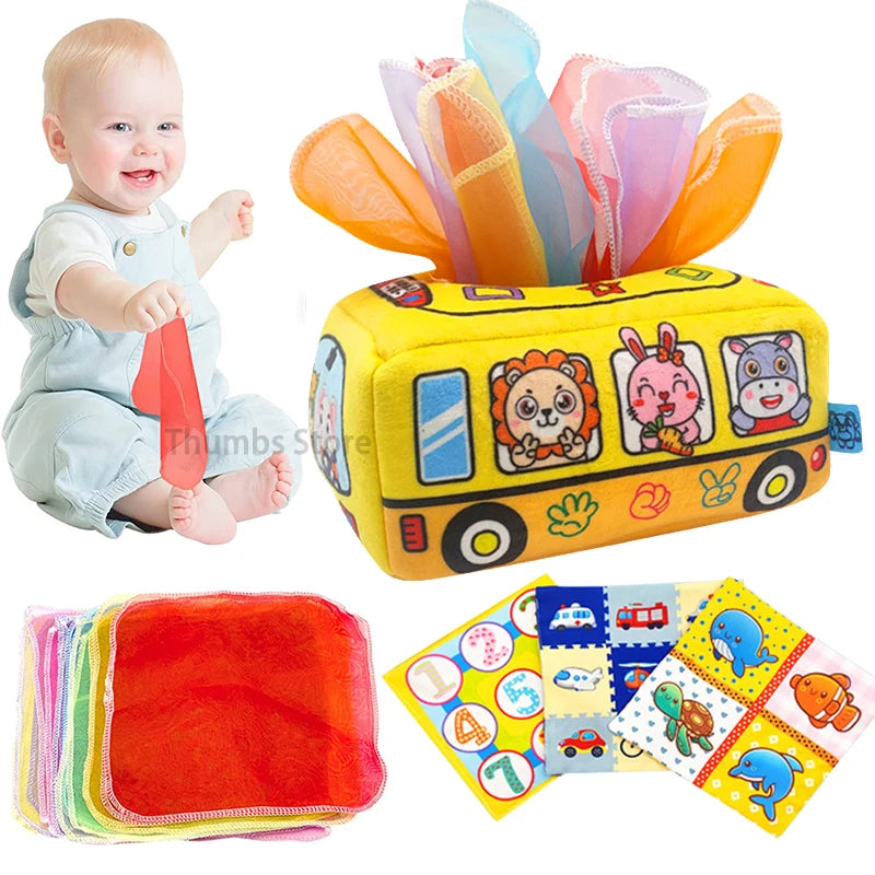 Baby Sensory Toys Infant Pull Along Magic Tissue Box Montessori Toy for 6-12 Months