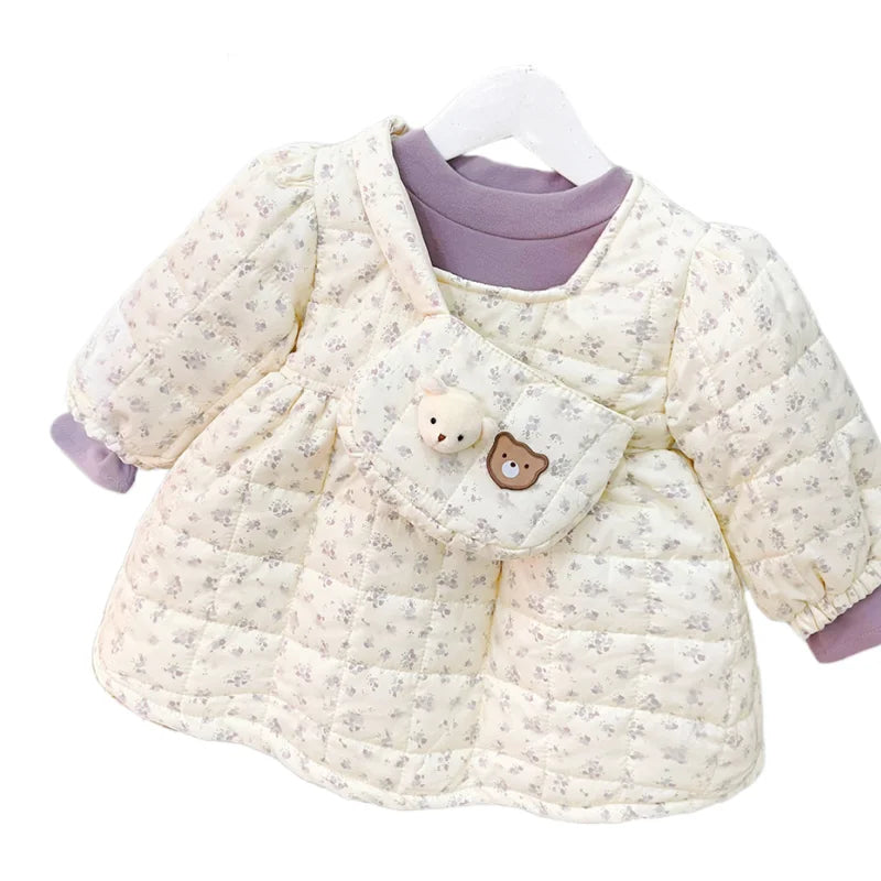 2023 Winter Baby Girls Padded Coat 2 Suits Long Sleeve Floral Backpack Infant Girls Jacket Plus Thick Warm Toddler Girls Coat