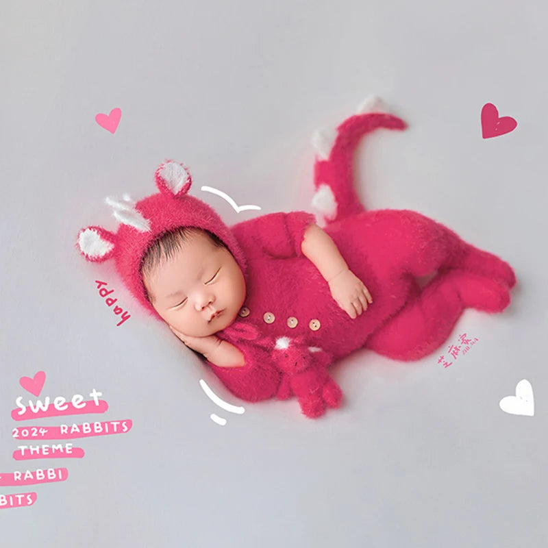 Newborn Photography Outfit Pink Furry Dinosaur Costume Set