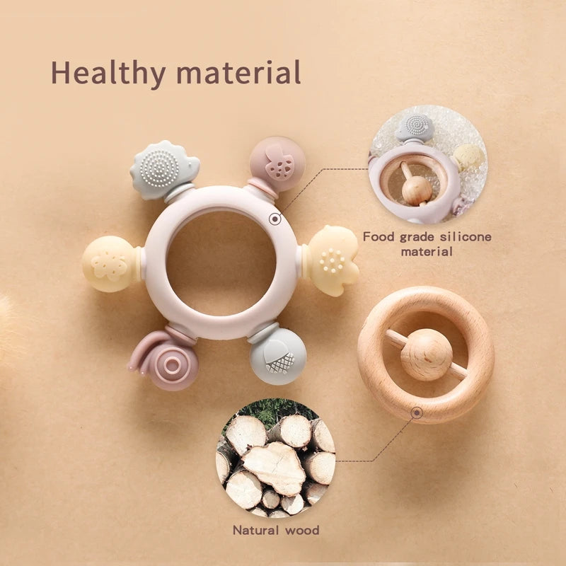 1PC Silicone Teether Baby Rudder Shape Wooden BPA Free