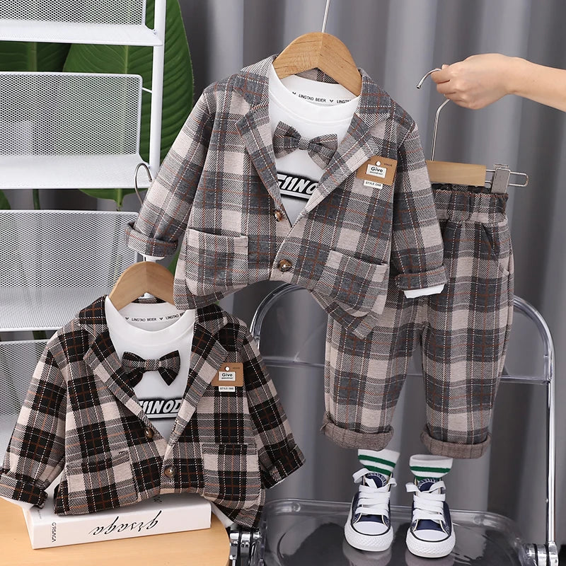 Autumn Baby Clothes Kids Boys Plaid Suit Vest+T-shirt Pants 3Pcs/Set