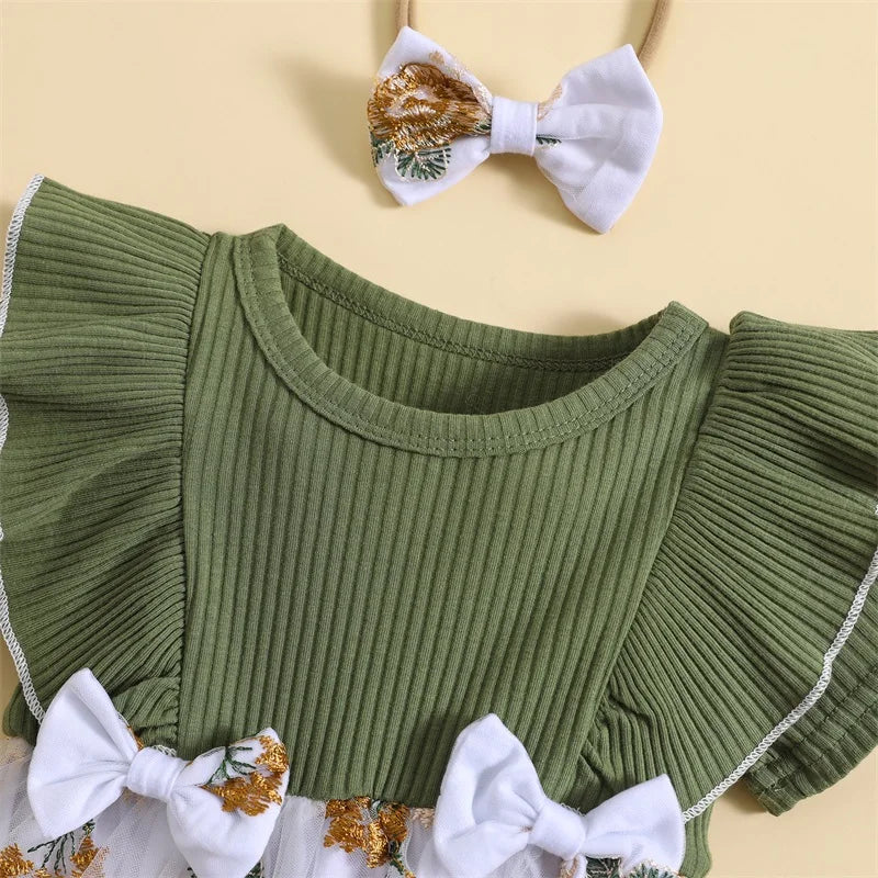 0-2Y Knit Rib Ruffles Crew Neck Dress with Bow Headband