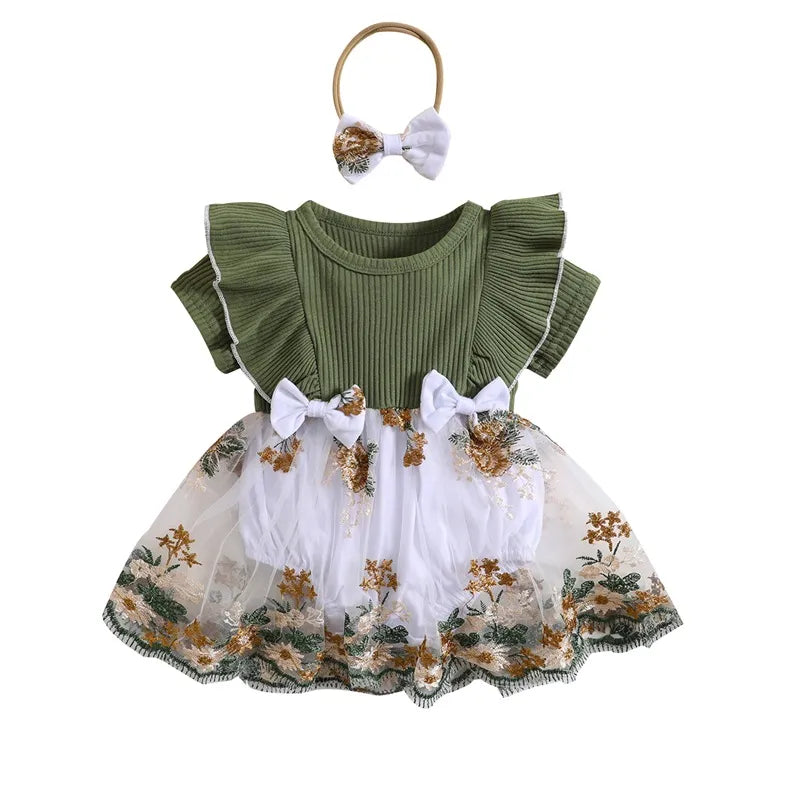 0-2Y Knit Rib Ruffles Crew Neck Dress with Bow Headband