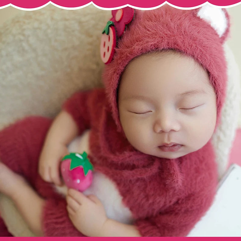 Newborn Photography Clothes Cute Bear Ear Hat Knitted Jumpsuit Pink Bear Theme