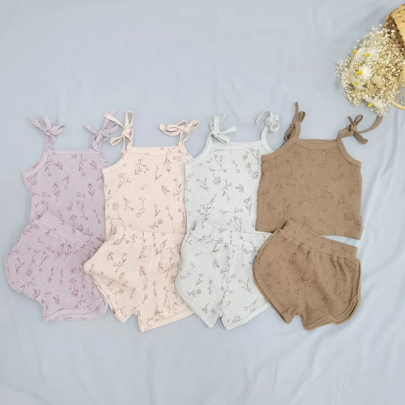 Summer Comfortable Waffle Cotton Baby Girl Vest + Pants 2pcs Set