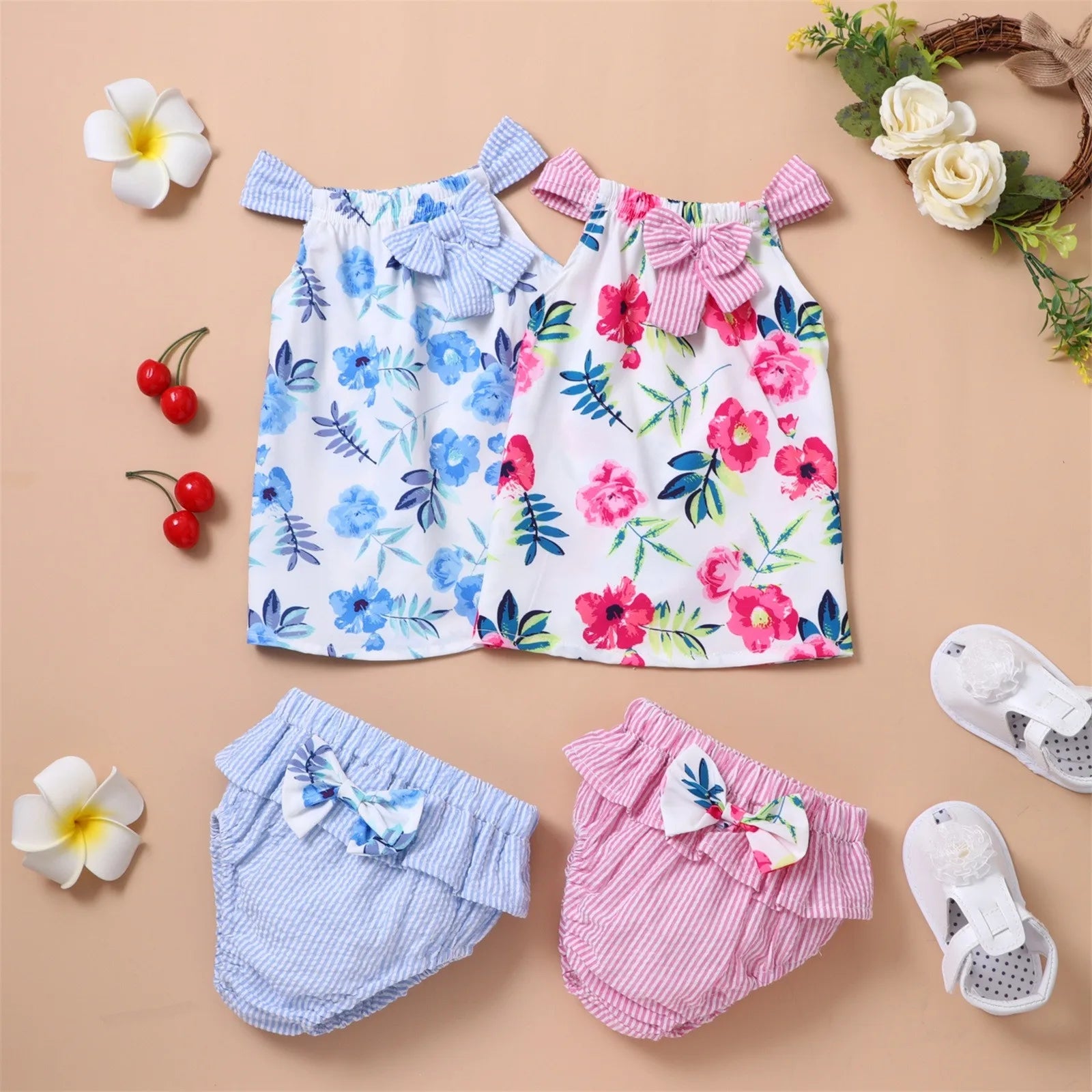 3 6 9 12 18 24 Months Newborn Baby Girls Clothes Sets Floral Print Summer Sleeveless Tops+PP Shorts Sets Infant Outfits Clothes