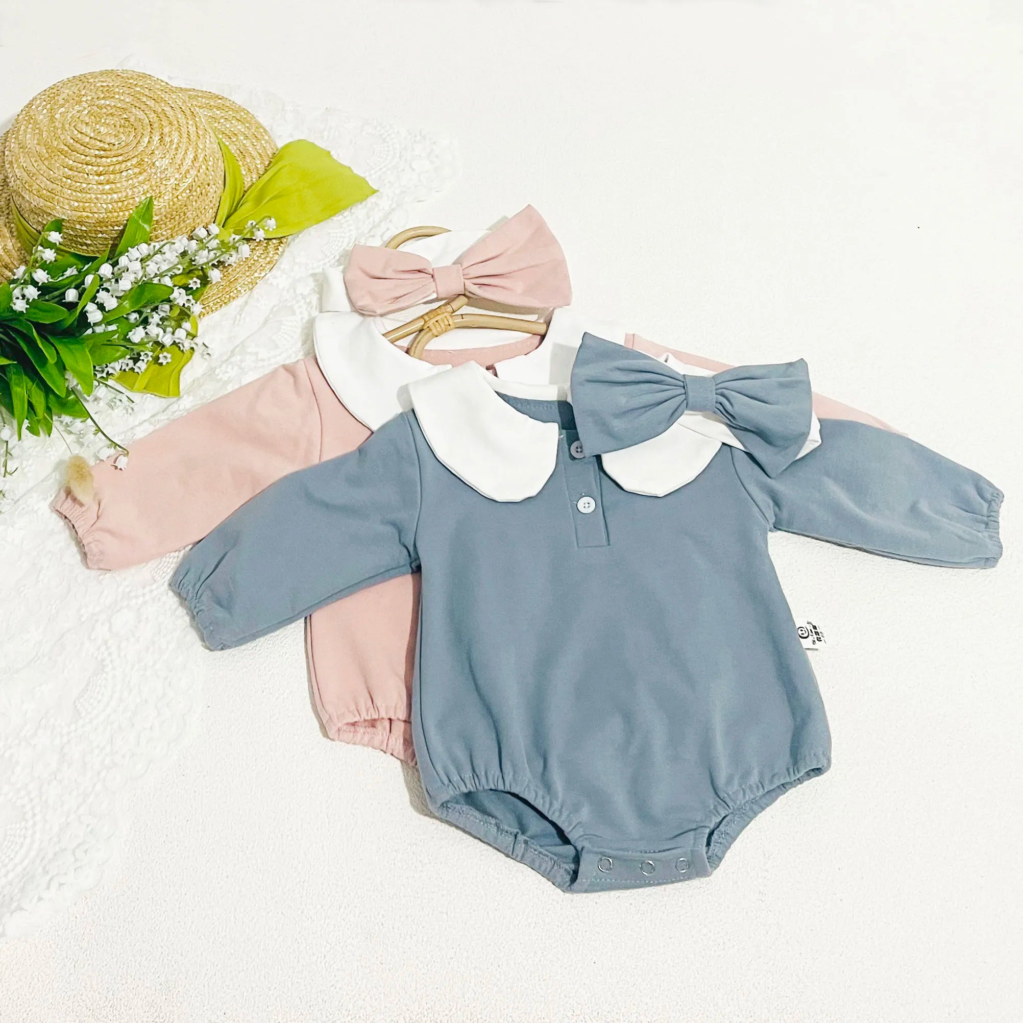 2PCS Peter Pan Collar Infant Baby Newborn Baby Bodysuits with Hairband