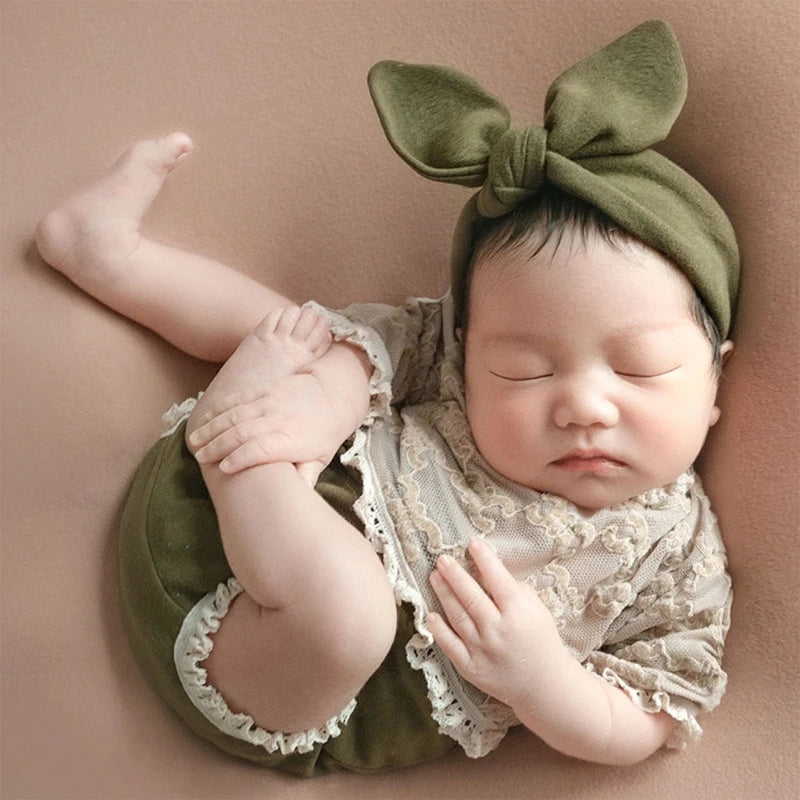 Newborn Baby Bowknot Headband & Lace Jumpsuits
