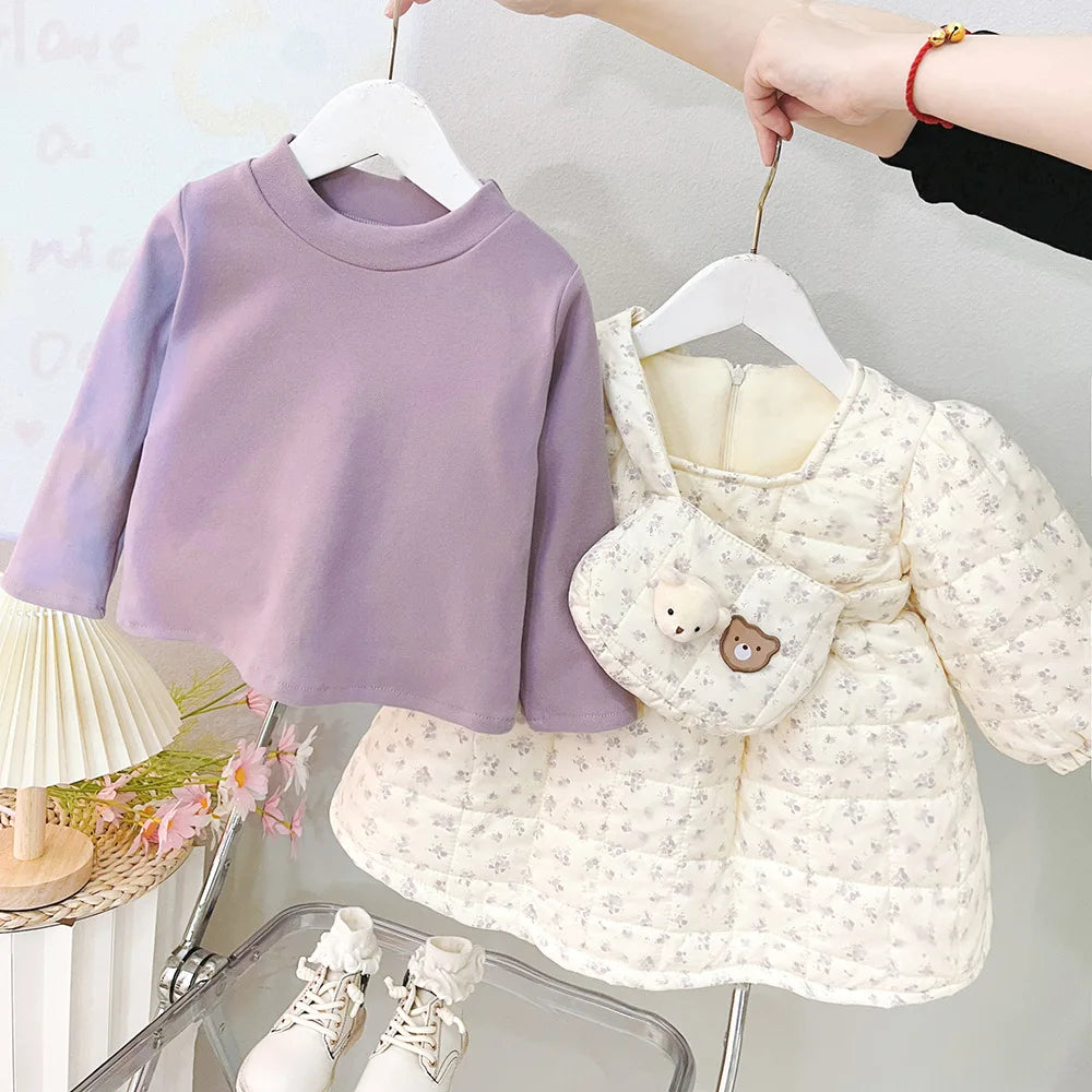 2023 Winter Baby Girls Padded Coat 2 Suits Long Sleeve Floral Backpack Infant Girls Jacket Plus Thick Warm Toddler Girls Coat