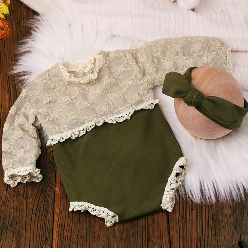 Newborn Baby Bowknot Headband & Lace Jumpsuits