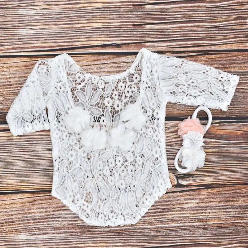 Newborn Lace Romper Jumpsuit+Pearl Headband Set Photo Props