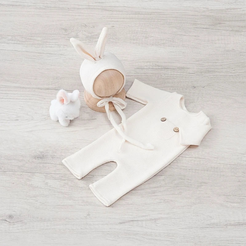 Newborn Photography Props Baby Romper+Rabbit Ear Hat+ Bunny Doll Set