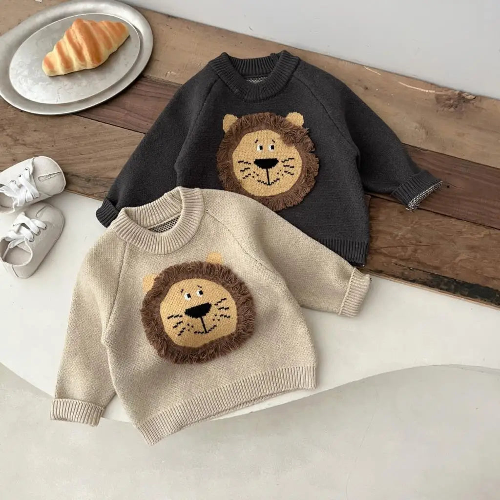 2023 Korean Autumn Winter Baby Boys Sweaters Cotton Knitted Lion Patched Infant Boys Pullovers Warm Thick Toddler Boy Knitwears