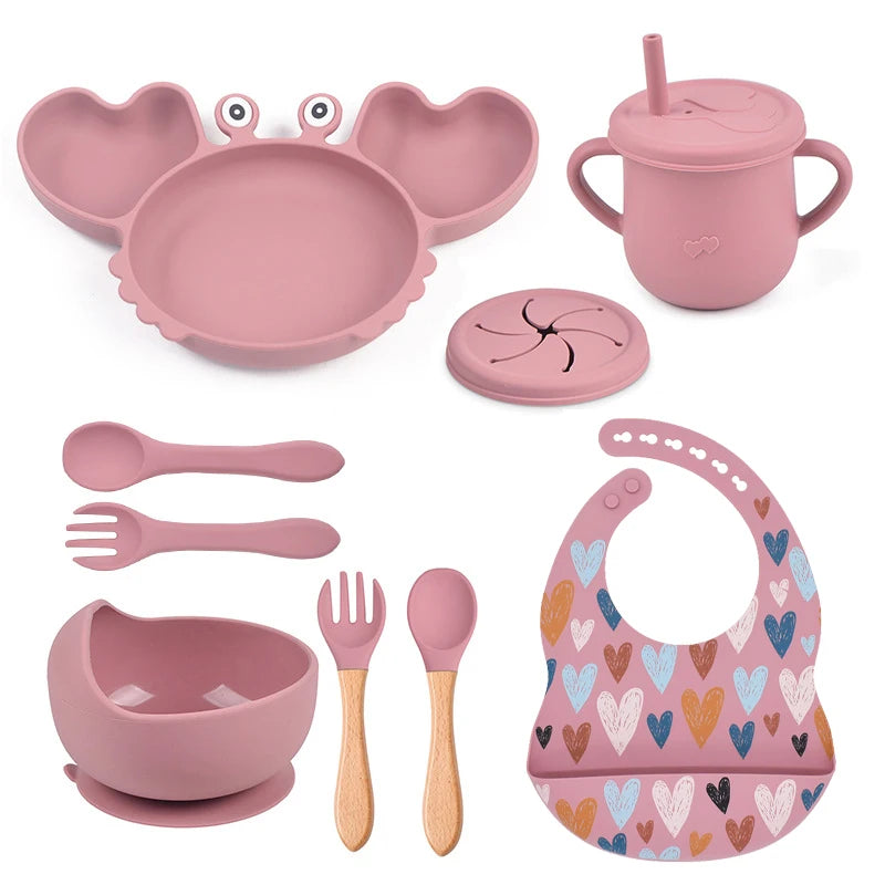 9Pcs Baby Silicone Non-Slip Suction Bowl Plate Spoon Waterproof Bib Cup Set