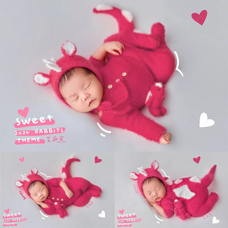 Newborn Photography Outfit Pink Furry Dinosaur Costume Set