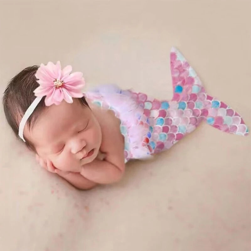 Baby Newborn Flower Headband & Mermaids Photography Clothing 2PCS