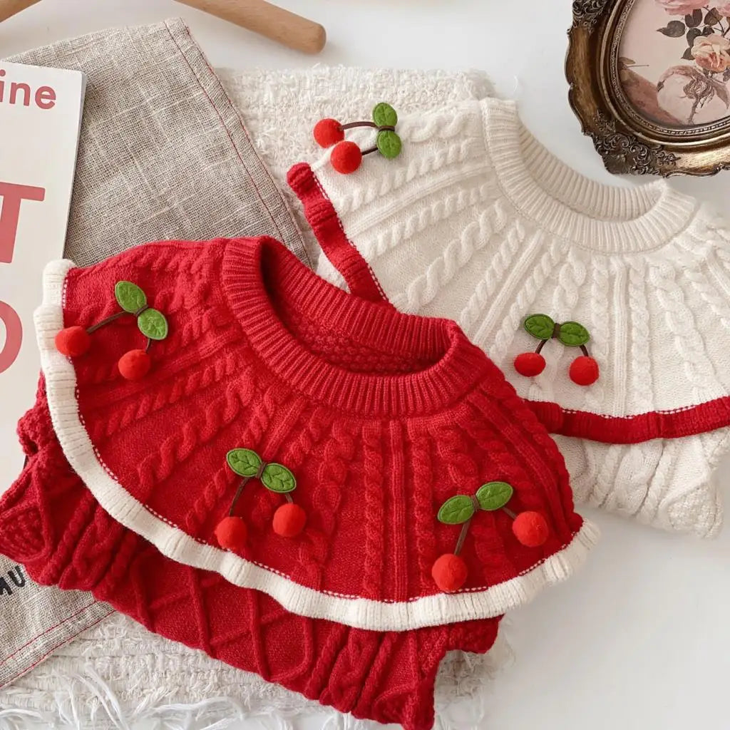 Autumn Winter Korean Baby Girls Pullover Cute 3D Cherry Pattern Stripe Fashion Infant Girls Kniwear Casual Newbron Girls Sweater