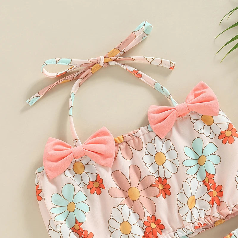 2023 Summer 0-2Y Baby Girls Three Piece Swimsuits Floral Print Halter Bikini Set Bathing Suit with Swim Cap
