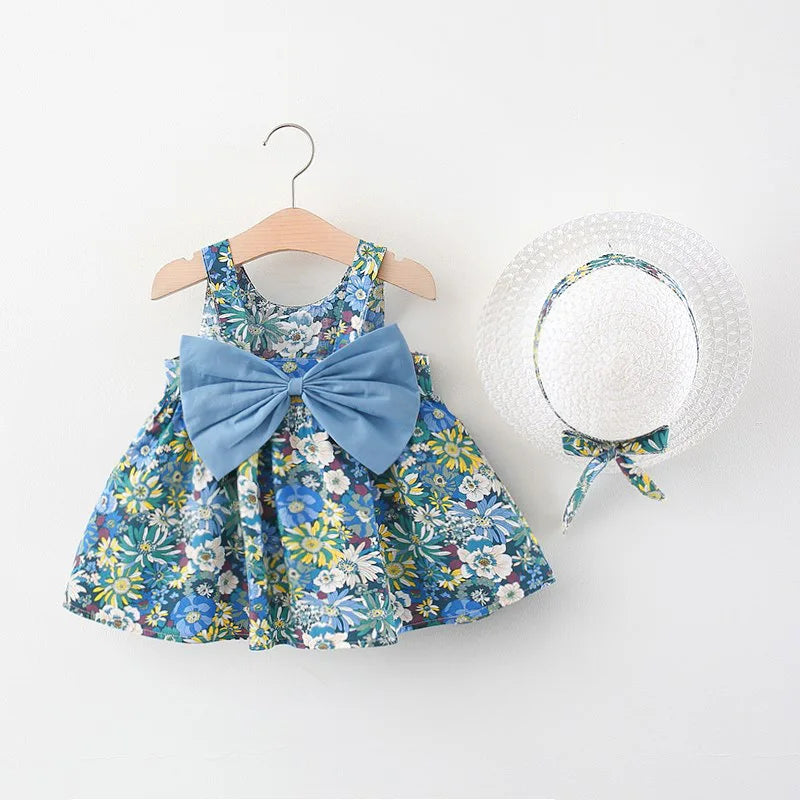 2Piece Flowers Cute Princess Baby Dresses+Sunhat Kids Dress