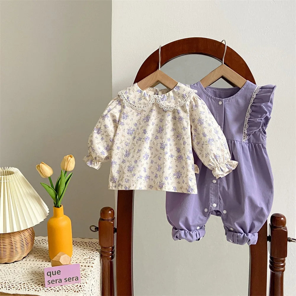 2024 Korean 2PCS Set Cotton Floral Shirts Purple Pants Suit
