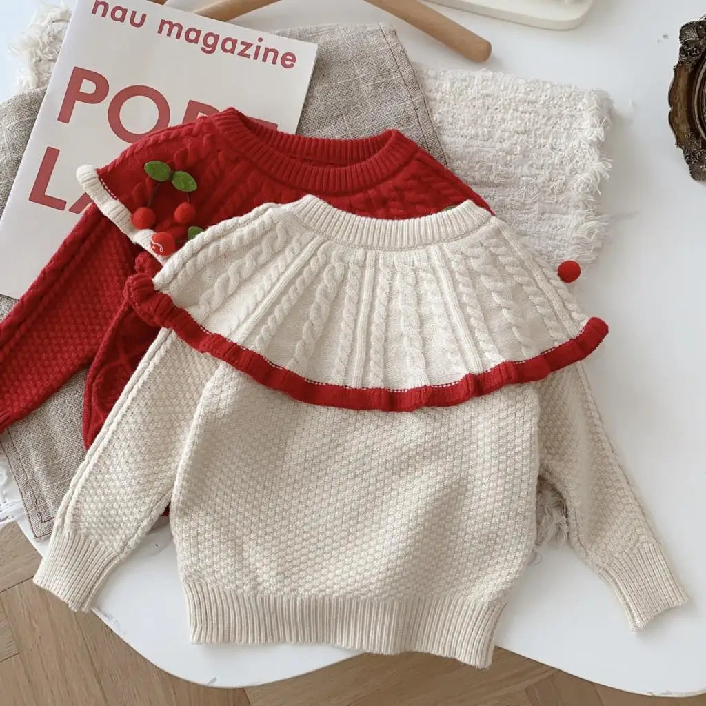 Autumn Winter Korean Baby Girls Pullover Cute 3D Cherry Pattern Stripe Fashion Infant Girls Kniwear Casual Newbron Girls Sweater