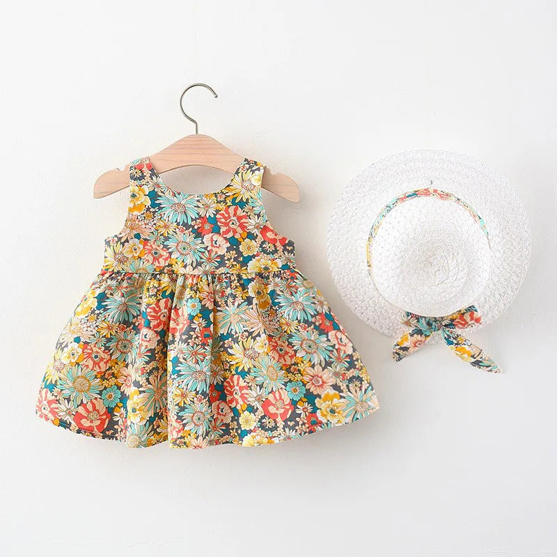 2Piece Flowers Cute Princess Baby Dresses+Sunhat Kids Dress