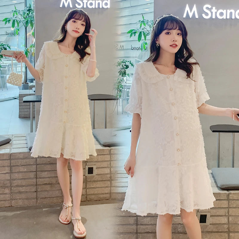 3959# Summer Korean Fashion Maternity Dress Beading Ruffle A Line Loose Clothes for Pregnant Women Sweet Pregnancy Clothing