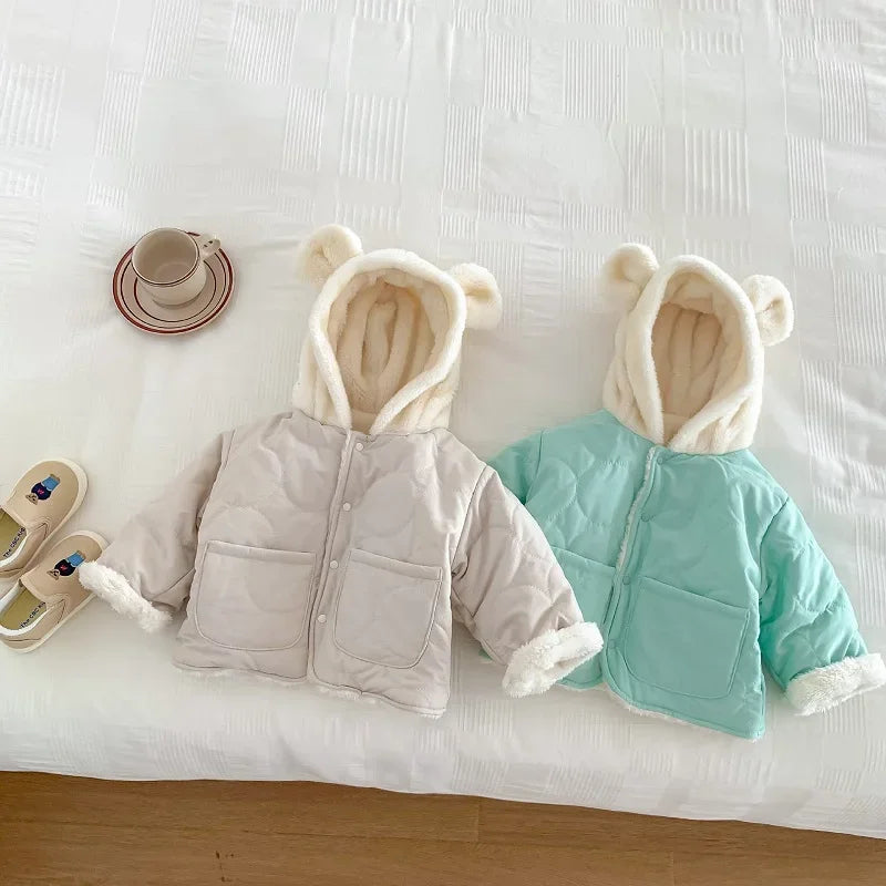 2023 Winter Baby Coat For 0-3Years Newborn Boy Girl Long Sleeve Bunny Hooded Woolen Jacket Fleece Thicken Warm Outerwear Clothes