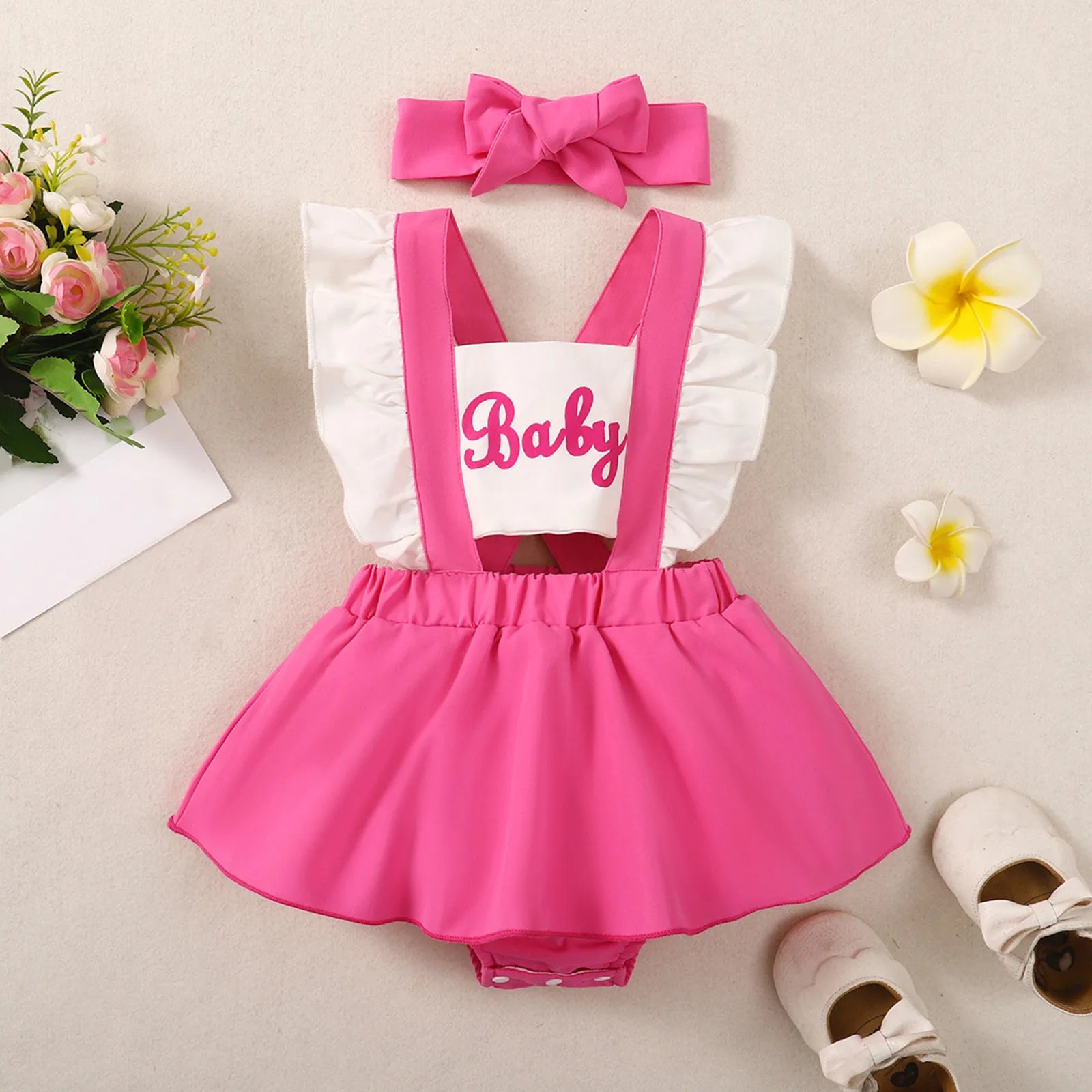 Baby Backless Dress Ruffles Letter Prints Headband 2Pcs Outfits