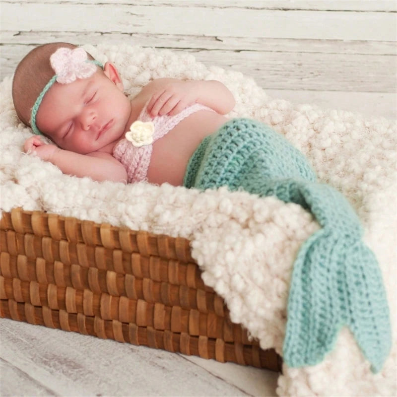 3pc Baby Photography Props Knitted Mermaid tail Costume + flower Hairband set