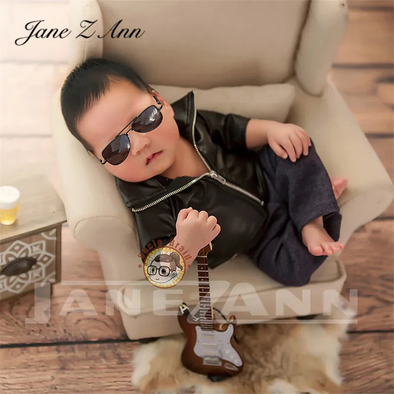Newborn Photography props infant faux Leather jacket pants